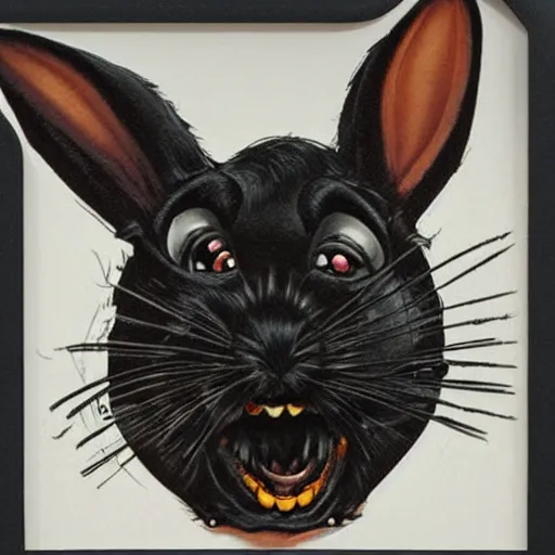 Image similar to A extremely highly detailed majestic hi-res beautiful, highly detailed head and shoulders portrait of a scary terrifying, horrifying, creepy black cartoon rabbit with a bowtie and scary big eyes, earing a shirt laughing, hey buddy, let's be friends, in the style of Walt Disney