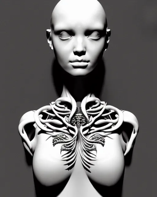 Image similar to a black and white 3D render of a young beautiful female queen-dragon-cyborg bust with a very long neck and Mandelbrot fractal face, Mandelbrot fractal skin, flesh, anatomical, facial muscles, veins, arteries, elegant, highly detailed, flesh highly baroque ornate, hair are cable wires, elegant, high fashion, rim light, octane render, in the style of H.R. Giger, Realistic, Refined, Digital Art, Highly Detailed, Cinematic Lighting, rim light, black and white, photo-realistic, 8K