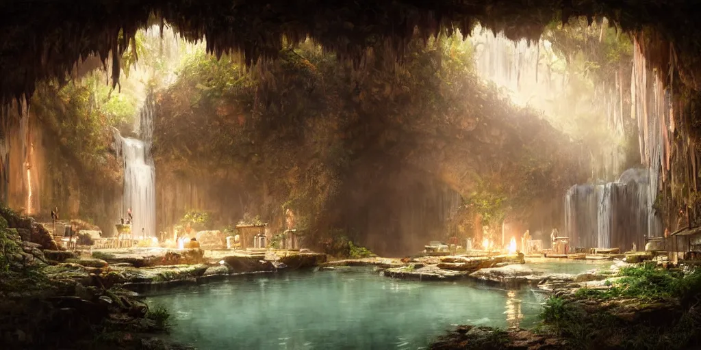 Image similar to detailed interior of cozy hotsprings hidden inside a cave, small waterfalls, lush vegetation, flowers, towels, plates of fruit, candlelight, digital painting, concept art, light shafts, stunning atmosphere, by Greg Rutkowski, cinematic lighting