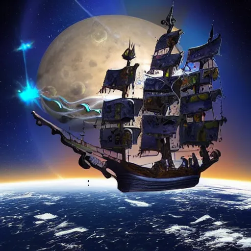 Prompt: Flying pirate ship exploring space, realistic