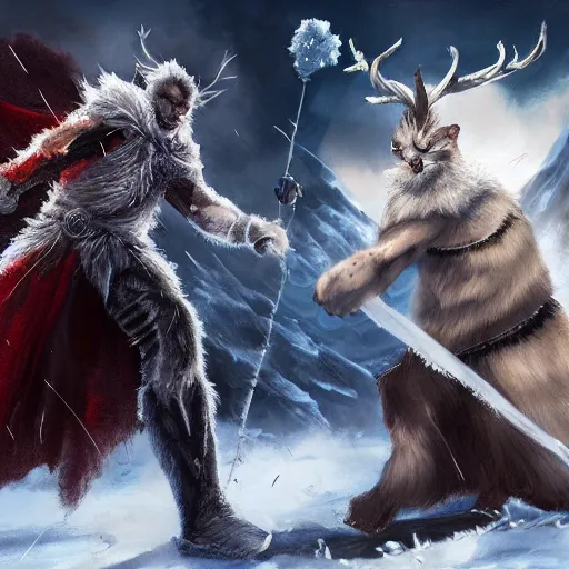 Image similar to a catperson facing off against a frost giant, fantasy art, 4 k