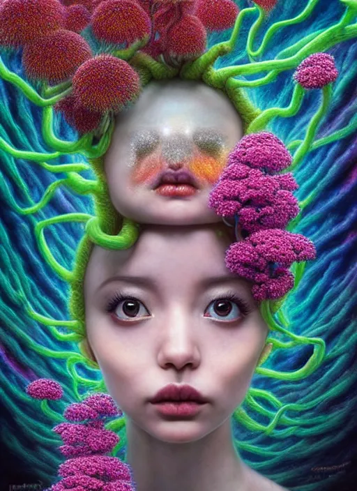 Image similar to hyper detailed 3d render like a Oil painting - kawaii portrait Aurora (black haired Fae acrobat) seen Eating of the Strangling network of yellowcake aerochrome and milky Fruit and Her delicate Hands hold of gossamer polyp blossoms bring iridescent fungal flowers whose spores black the foolish stars by Jacek Yerka, Mariusz Lewandowski, Houdini algorithmic generative render, Abstract brush strokes, Masterpiece, Edward Hopper and James Gilleard, Zdzislaw Beksinski, Mark Ryden, Wolfgang Lettl, hints of Yayoi Kasuma, octane render, 8k