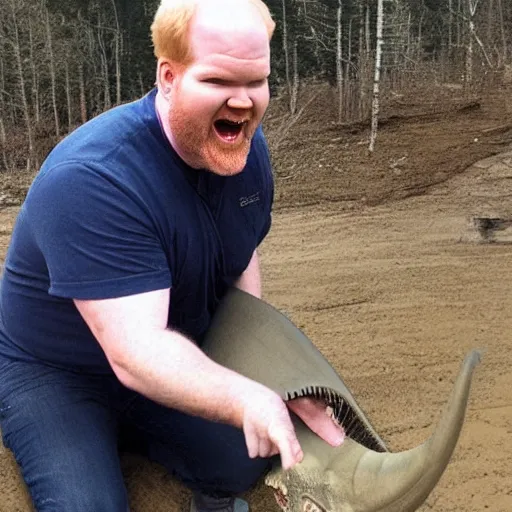 Prompt: Jim Gaffigan celebrating a dinosaur mauling. Trending on reddit. 8k