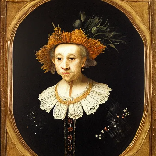 Prompt: oil painting portrait dark background of a witch with a gentle face made of flowers wearing an elizabethan ruff, by rembrandt van rijn