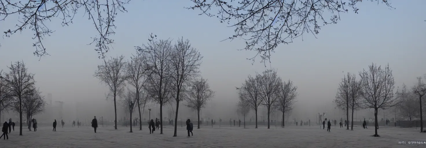 Image similar to Bucharest center in winter at dawn with people walking, mist, very very very very very very beautiful