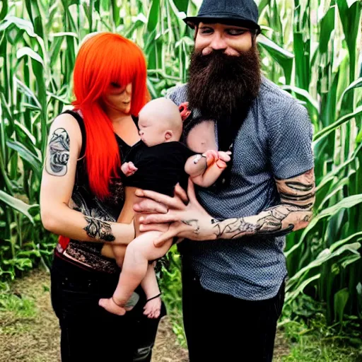 Image similar to photo of a slender attractive couple. The woman has long straight red orange hair. The man has a dark thick neatly groomed beard and tattoos. They are holding a giant corn and a cute baby.