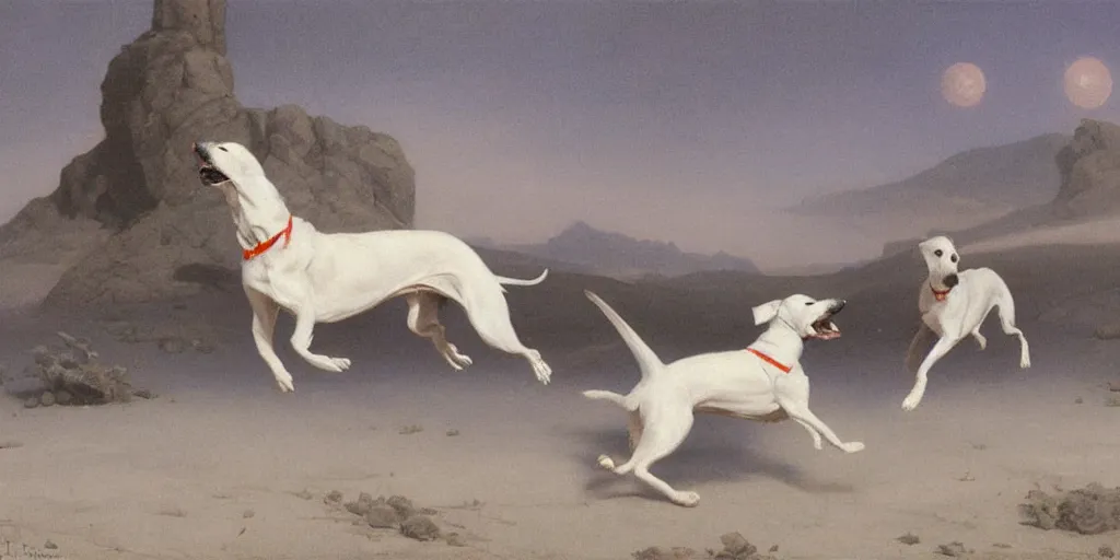 Prompt: white greyhounds running in the night dessert, by john charles dollman