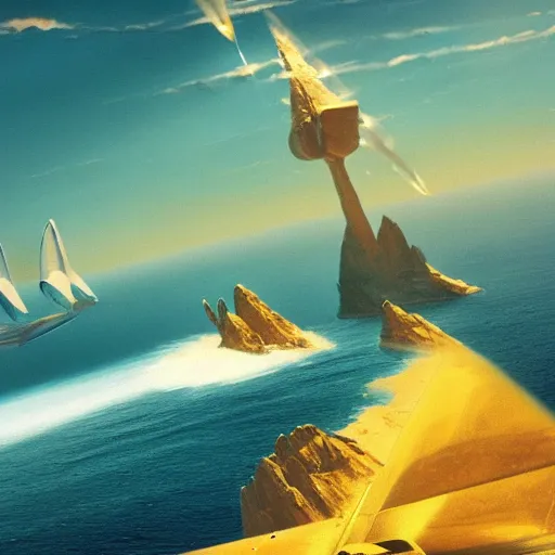 Image similar to beautiful matte painting of golden shores of a blue dreamy ocean, heavenly island in the clouds floating above the ocean, spaceship flying by, sci - fi, daylight, blue sky, cinematic lighting, cinematic perspective, syd mead, john harris, federico pelat