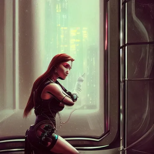 Image similar to portrait of cyberpunk woman looking out of a window, cyberpunk setting, futuristic, highly detailed, intricate lighting, digital painting, sharp focus, illustration, trending on artstation, art by boris vallejo.