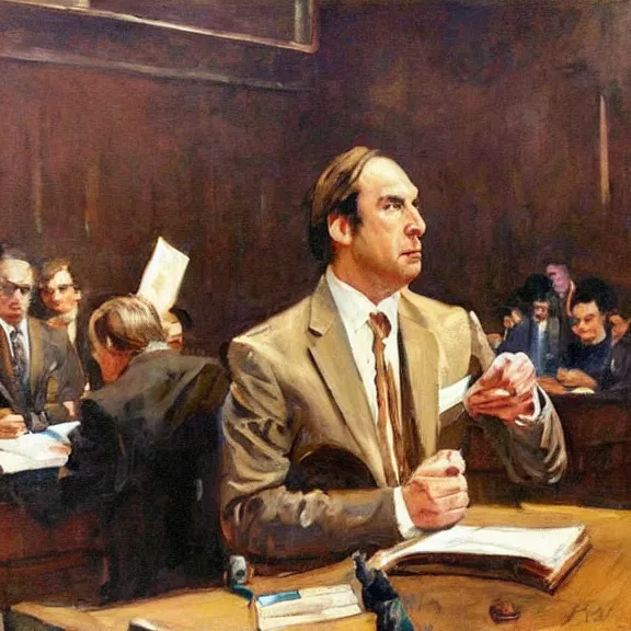 Image similar to saul goodman defending a case in court, painting by dean cornwell