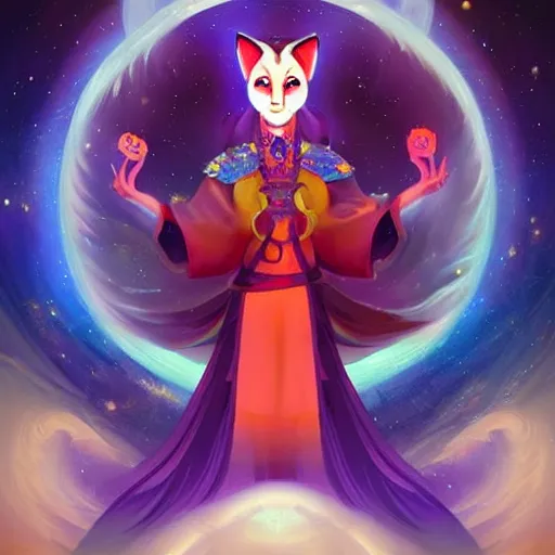 Image similar to a stylized painting for an avatar portrait of an awesome cosmic powerful anthropomorphic kitsune fox mage themed around death and the stars and the cosmos, in the style of dnd beyond avatar portraits, beautiful, artistic, elegant, lens flare, magical, lens flare, nature, realism, stylized, art by jeff easley