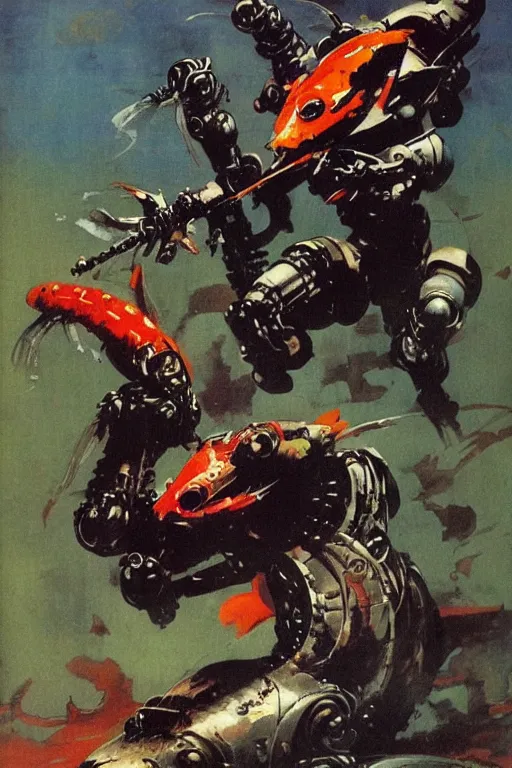 Image similar to a koi fish fighter robot by Frank Frazetta