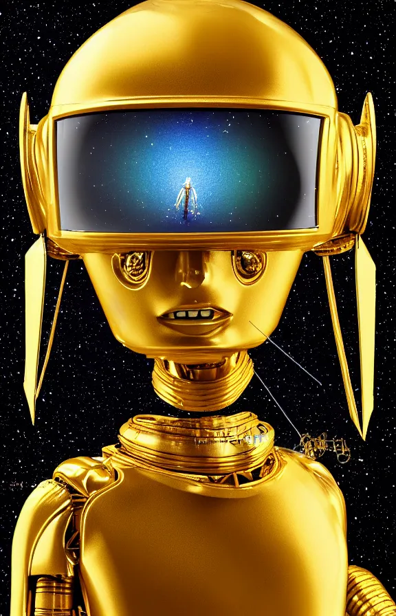 Prompt: portrait of a robot humanoid alien with golden armature and medieval helmet. Galactic iridescent background in the style of Tim white and moebius