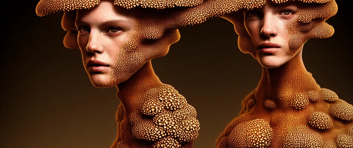 Image similar to hyperrealist highly detailed english medieval portrait of high fashion model wearing fungal fungus fungal growpth mycelia mycel mycelia funal spores spores mycel network armor, lopsided obscure body shape, radiating atomic neon corals, concept art pascal blanche dramatic studio lighting 8k wide angle shallow depth of field