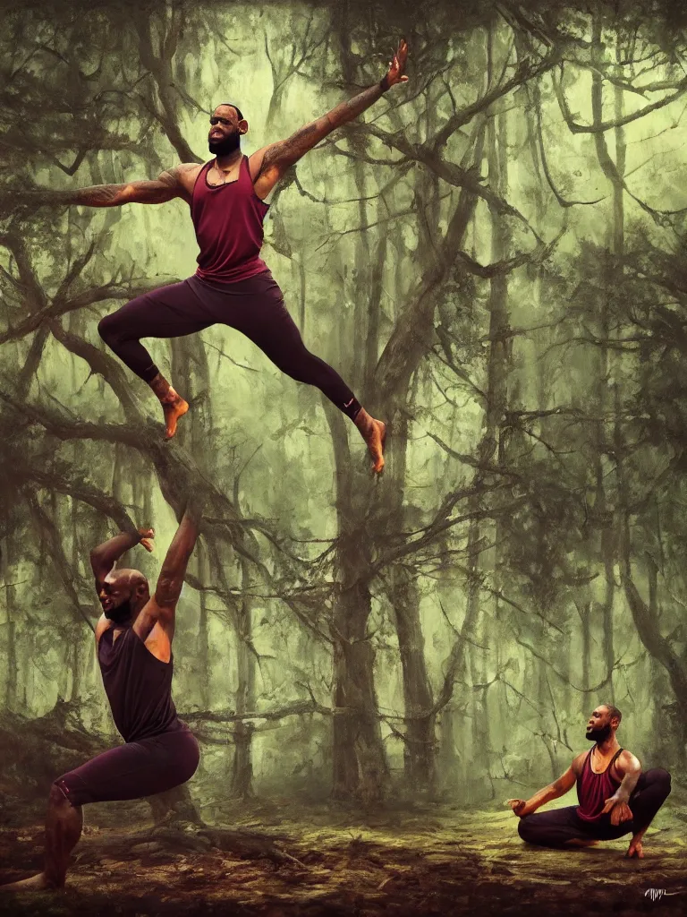 Prompt: lebron james doing yoga in the forest, epic dark fantasy horror stylized oil painting by ivan shiskin. trending on artstation