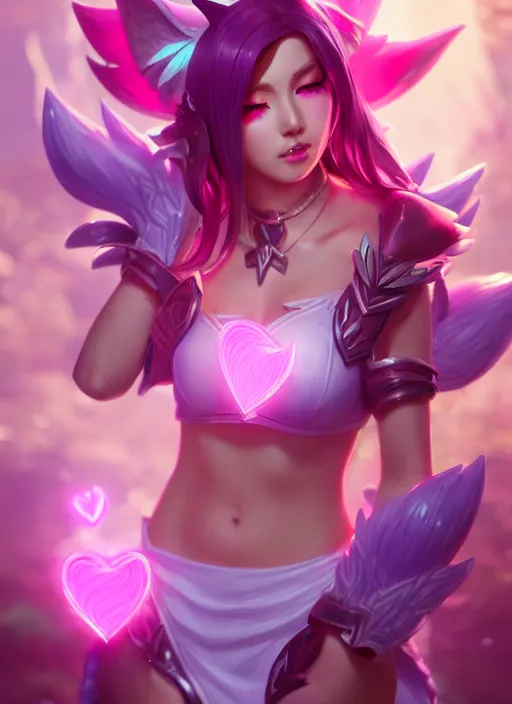 Prompt: ahri, from league of legends, pink heart skill, hyper detailed, digital art, trending in artstation, cinematic lighting, studio quality, smooth render, unreal engine 5 rendered, octane rendered, art style by klimt and nixeu and ian sprigger and wlop and krenz cushart