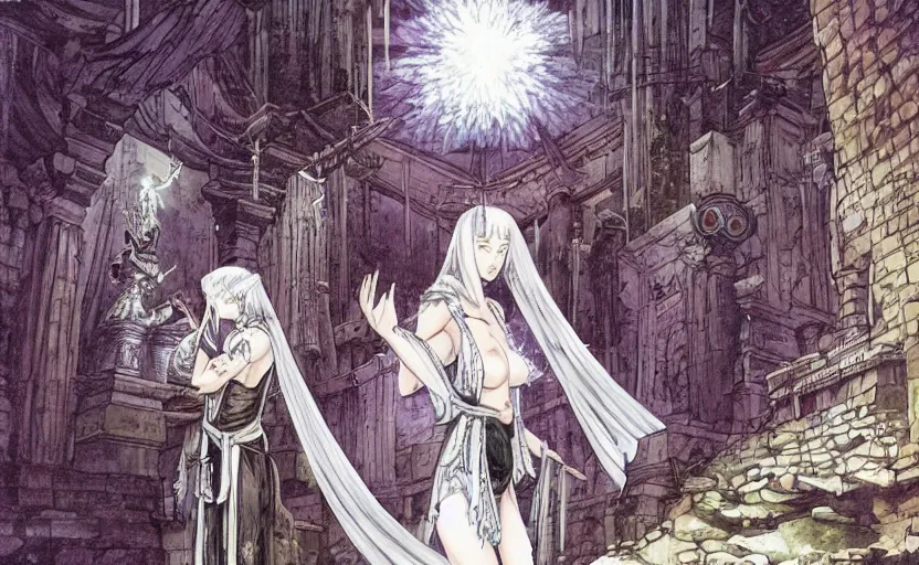 Prompt: A white priestess is conjuring a spell inside the ancient and mythical temple. By Masamune shirow