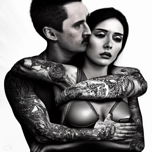 Prompt: Hot young woman, grey skin, tattoos, wearing leather and hugging a shrouded figure digital art