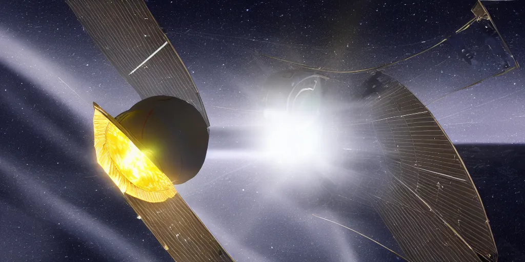 Image similar to close up of a futuristic huge (solar light sail) probe entering a solar system carrying a dead alien. The probe is from an isolated star in a thick dust cloud, highly detailed, desolate, cinematic, UE5, 8K, 4K