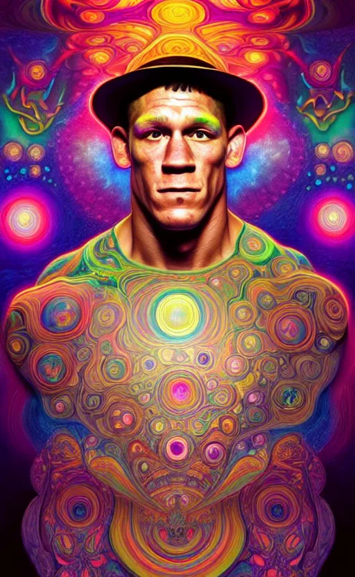 Image similar to An extremely psychedelic celestial John Cena in his black fedora hat, colorful, surreal, dramatic lighting, magic mushrooms, psilocybin, LSD, face, detailed, intricate, elegant, highly detailed, digital painting, artstation, concept art, smooth, sharp focus, illustration, art by Krenz Cushart and Artem Demura and alphonse mucha