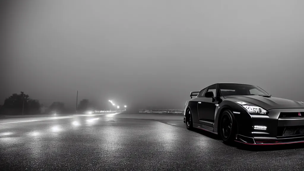 Image similar to a black nissan skyline gt - r v - spec ii, cinematic, nikon d 7 5 0, long exposure, white balance, 8 k, led, lumen global illumination, fog, ray tracing reflections, fxaa, rtx, post - production