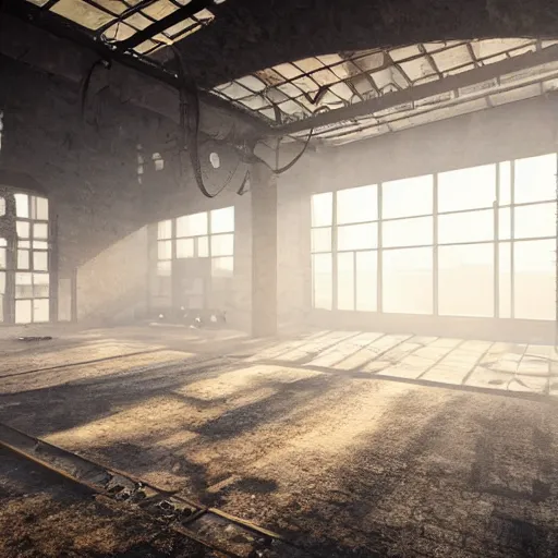 Image similar to abandoned industrial factory interior, volumetric light scattering, dustlight, god rays, dust, digital art, trending on artstation