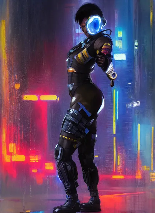 Image similar to black chun li. cyberpunk police trooper in tactical gear. plastic raincoat. rainy city. blade runner 2 0 4 9 concept painting. epic painting by james gurney, azamat khairov, and alphonso mucha. artstationhq. painting with vivid color. ( rb 6 s, cyberpunk 2 0 7 7 )