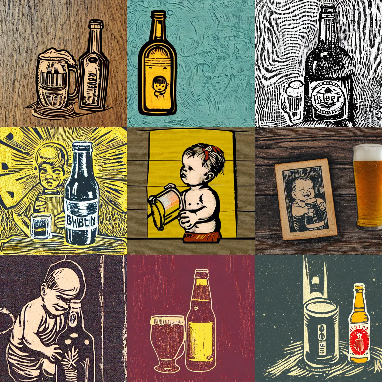 Prompt: Woodcut Brush of baby with a bottle of beer