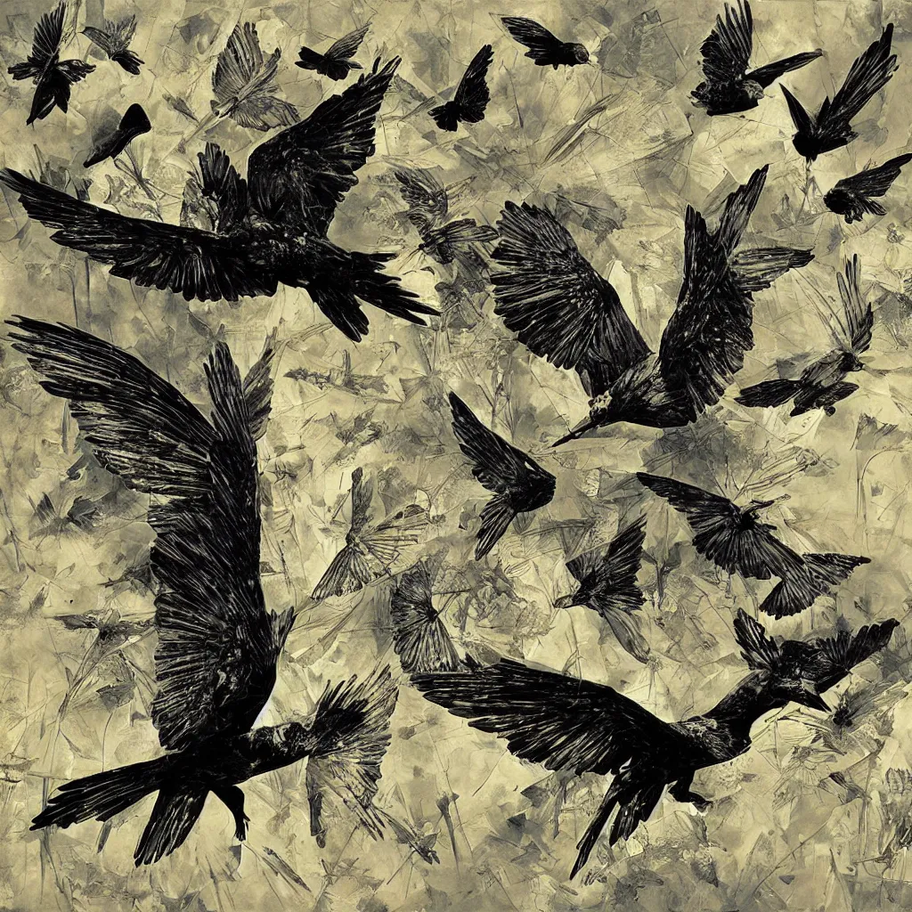 Image similar to digital birds fly over a progressively rasterized, oil on canvas by dave mckean and ivan shishkin