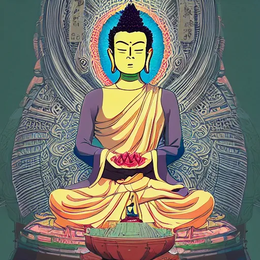 Image similar to highly detailed full body picture of Buddha in the style of Studio Ghibli, concept art, digital art, studio lightning, bright colors, intricate, masterpiece, photorealistic, hiperrealistic, sharp focus, high contrast, intricate, Artstation HQ, DeviantArt trending, 4k UHD, Unreal Engine 5