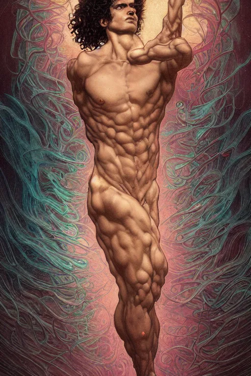 Prompt: a young mexican man with curly hair, by artgerm and yoshitaka amano and moebius and hr giger and zdislaw beksinski and alphonse mucha, hyperdetailed, symmetry, glamour, surreal, dc comics, ornate, stunning, nebula, explosions in the sky, trending on artstation