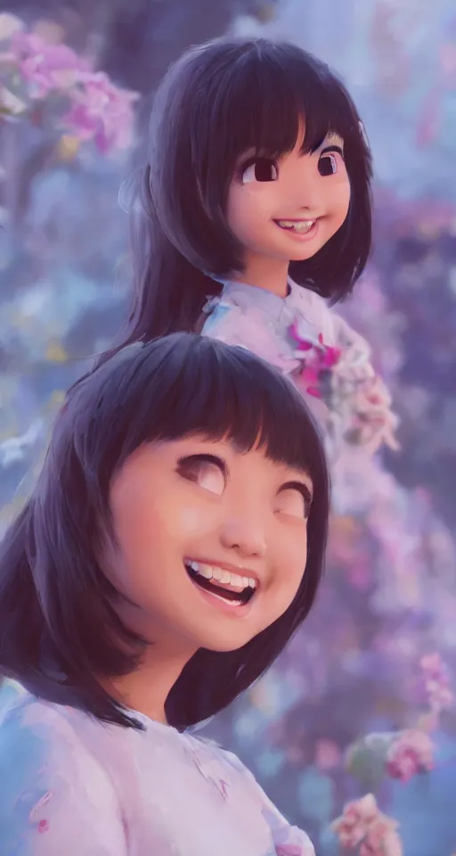 Image similar to a painting of cute Asian girls smiling, in the style of DreamWorks animation, low angle view, 16mm lens, award winning, hyper detailed, dramatic lighting, artstation, octane renderer, unreal engine