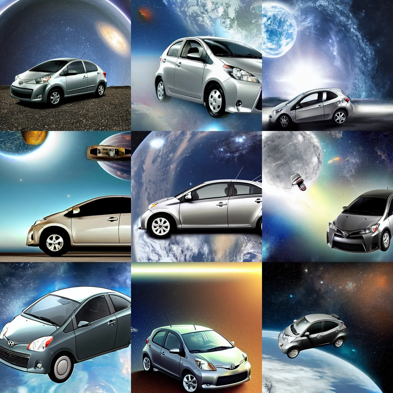 Prompt: a car in space, the car is a grey 2008 toyota yaris, it is floating in space, earth in the background