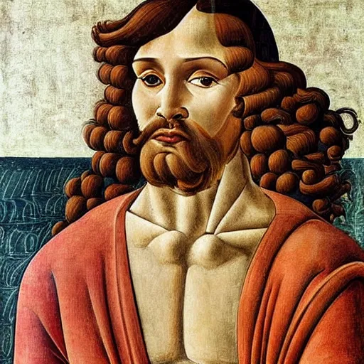 Image similar to a Greek man with long brown hair, full body, Sandro Botticelli