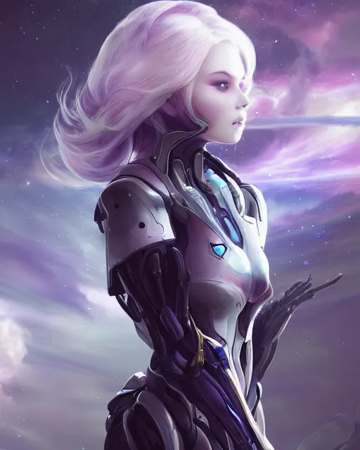 Image similar to perfect android girl on a mothership, warframe armor, beautiful face, scifi, futuristic, galaxy, nebula, raytracing, dreamy, long white hair, blue cyborg eyes, sharp focus, cinematic lighting, highly detailed, artstation, divine, by gauthier leblanc, kazuya takahashi, huifeng huang