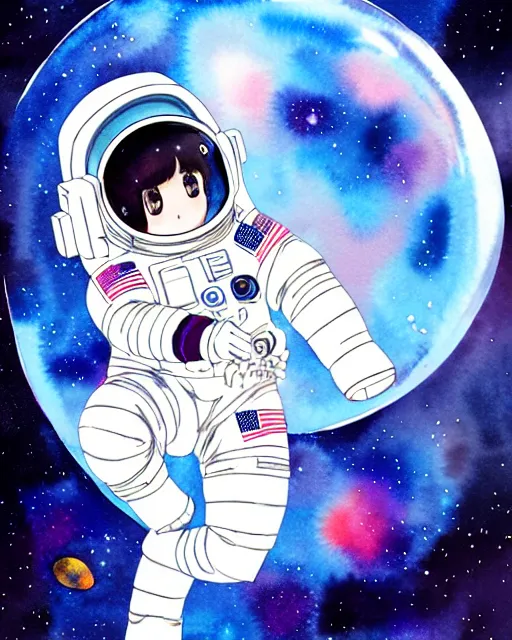 Image similar to oriental water color of a cute thicc female astronaut, floating through space, backlit, realistic anime, trending on pixiv