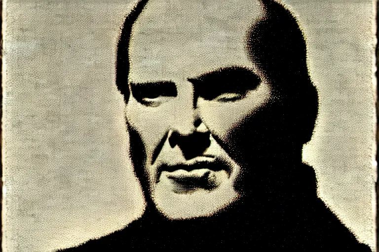 Image similar to steve austin, the six million dollar man with the bionic eye, a portrait image at moma museum, hard lighting, stipple brush technique