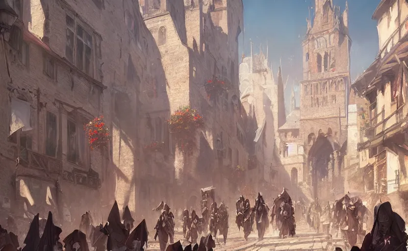 Prompt: a painting of a cinematic keyframe of walking into a beautiful medieval city, with flowers, by greg rutkowski, rule of three, artgerm, artstation, highly detailed masterpiece, fantasy art, high detail