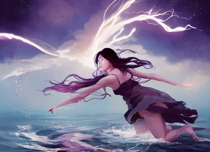 Prompt: seductive lee jin - eun running on water at super speed, emerging from multiversal galactic portal, splashes of lightning behind her, zooming past a small island, by ilya kuvshinov and peter mohrbacher and ruan jia, and m. k. kaluta, rule of thirds, coherent symmetry, masterpiece, beautiful, majestic, beautiful eyes