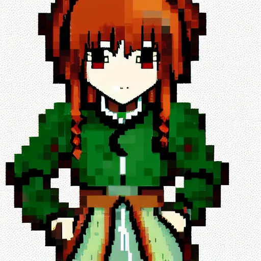 Prompt: pixel art drawing, isometric view, 3 2 - bit, from touhou, a chibi girl, brown jacket with long sleeves, pigtails hair, green eyes, grey background, volumetric lighting, fantasy, 4 k, intricate, hyper realistic, by greg rutkowski, blizzard warcraft, backlit