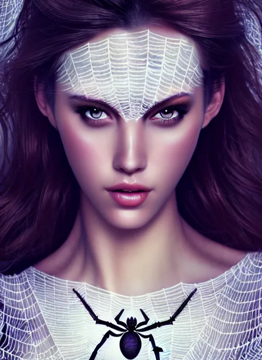 Image similar to a gorgeous female cover with spider webs photo, professionally retouched, soft lighting, realistic, smooth face, full body shot, torso, dress, perfect eyes, wide angle, sharp focus on eyes, 8 k high definition, insanely detailed, intricate, elegant, art by artgerm and jason chan and mark litvokin