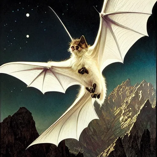 Image similar to hyper realistic white bat, flying against a dark black night sky, mountain in the background, moonlight, denoised, very detailed, painted by james gurney, alphonso mucha, norman rockwell, tom bagshaw