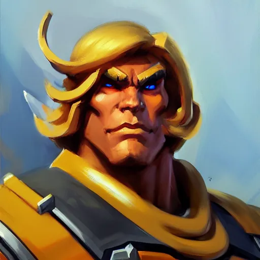 Image similar to Greg Manchess portrait painting of HeMan as Overwatch character, medium shot, asymmetrical, profile picture, Organic Painting, sunny day, Matte Painting, bold shapes, hard edges, street art, trending on artstation, by Huang Guangjian and Gil Elvgren and Sachin Teng