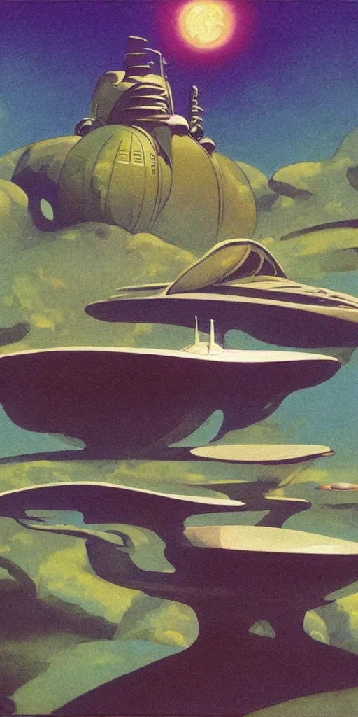 Prompt: a relaxing cinematic water colour of a solarpunk spaceship by roger dean in the style of art - deco art, very, very aesthetic