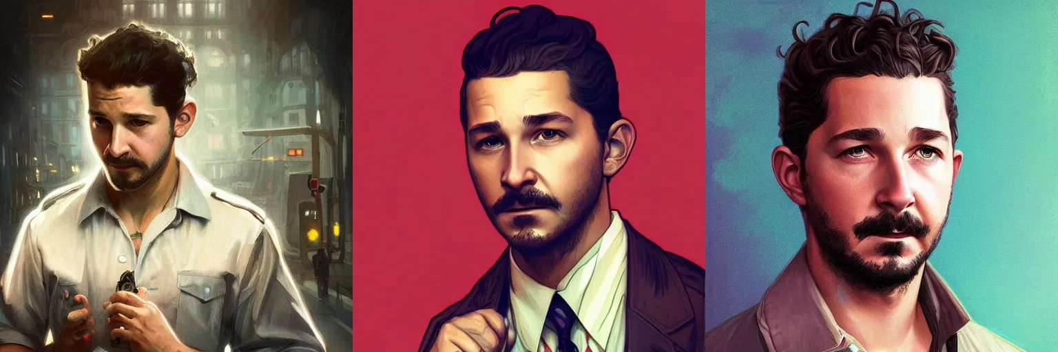 Prompt: portrait of Shia LaBeouf as a detective, highly detailed, digital painting, artstation, concept art, sharp focus, illustration, art by artgerm and greg rutkowski and alphonse mucha