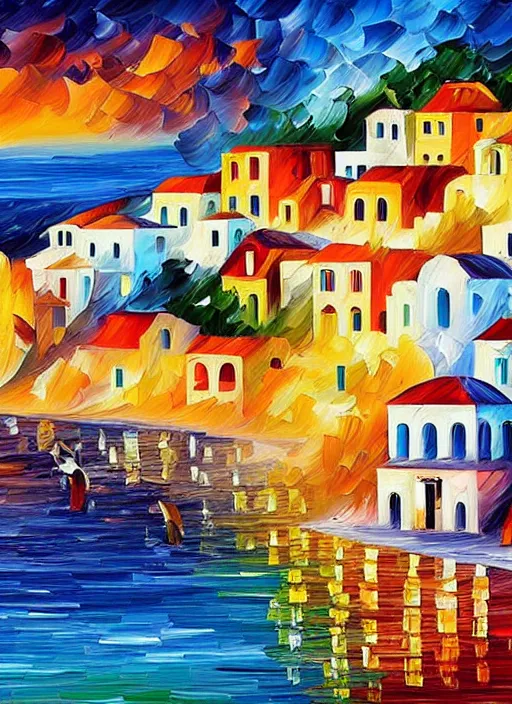 Image similar to beautiful seaside greek village in the style of leonid afremov