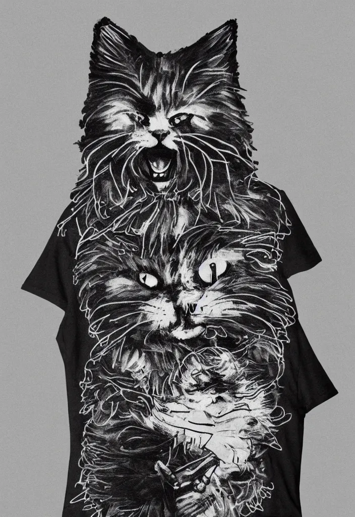 Image similar to fluffy cat with an afro comb t - shirt design, by jules julien, alex yanes, dark grisaille monochrome neon spraypaint, ironic surrealism, hypebeast