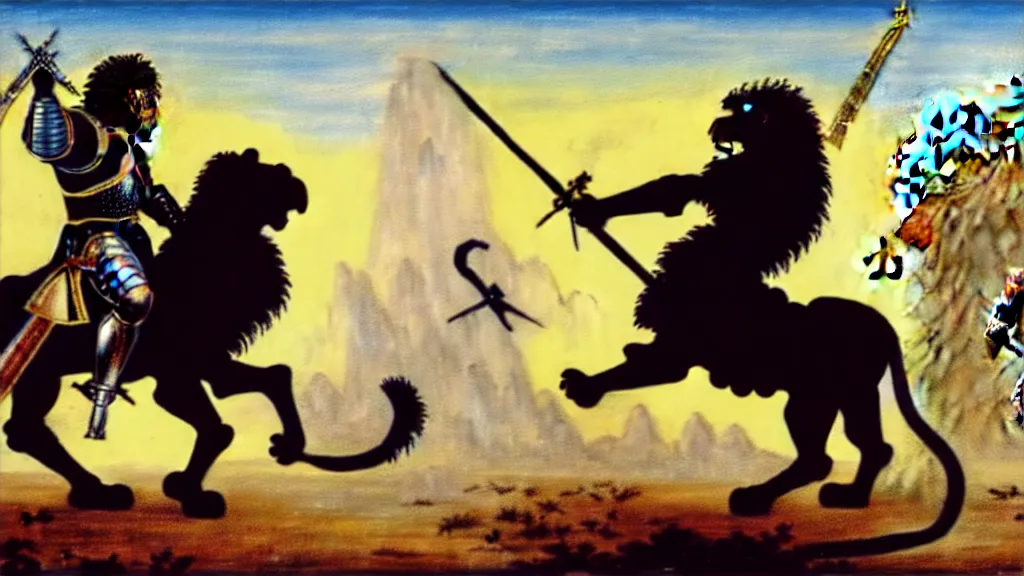 Image similar to fully armored knight wielding an automatic weapon fighting a lion in a medieval setting, painted by bob ross