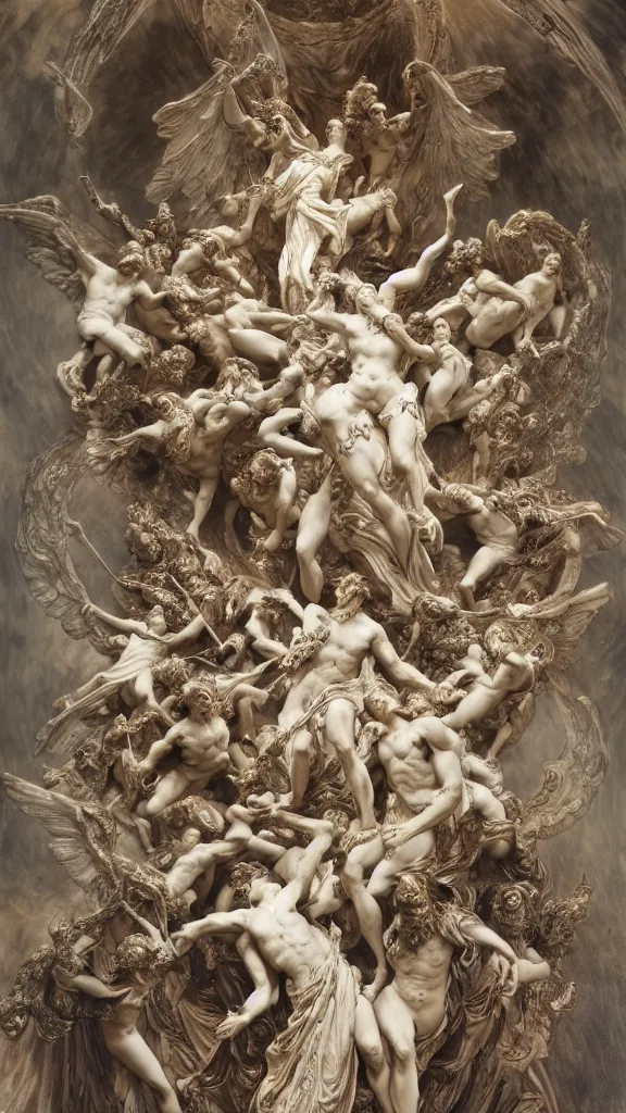 Image similar to an epic sculpture made of marble and ivory, fall of the rebel angels, by gustave dore, by alphonse mucha, hell, sculpture standing on in a large studio space, monumental, epic, detailed, intricate, volumetric lighting, realistic, octane render, in frame, 2 0 % pearlescent detailing
