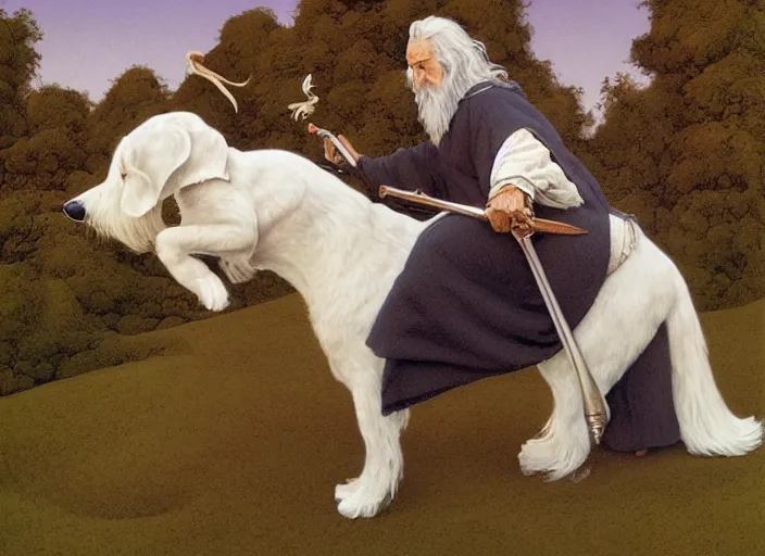 Image similar to Gandalf the White riding a dachshund, intricate artwork by Angus McBride, John Howe, Matthew Stewart, Ted Nasmith, highly detailed